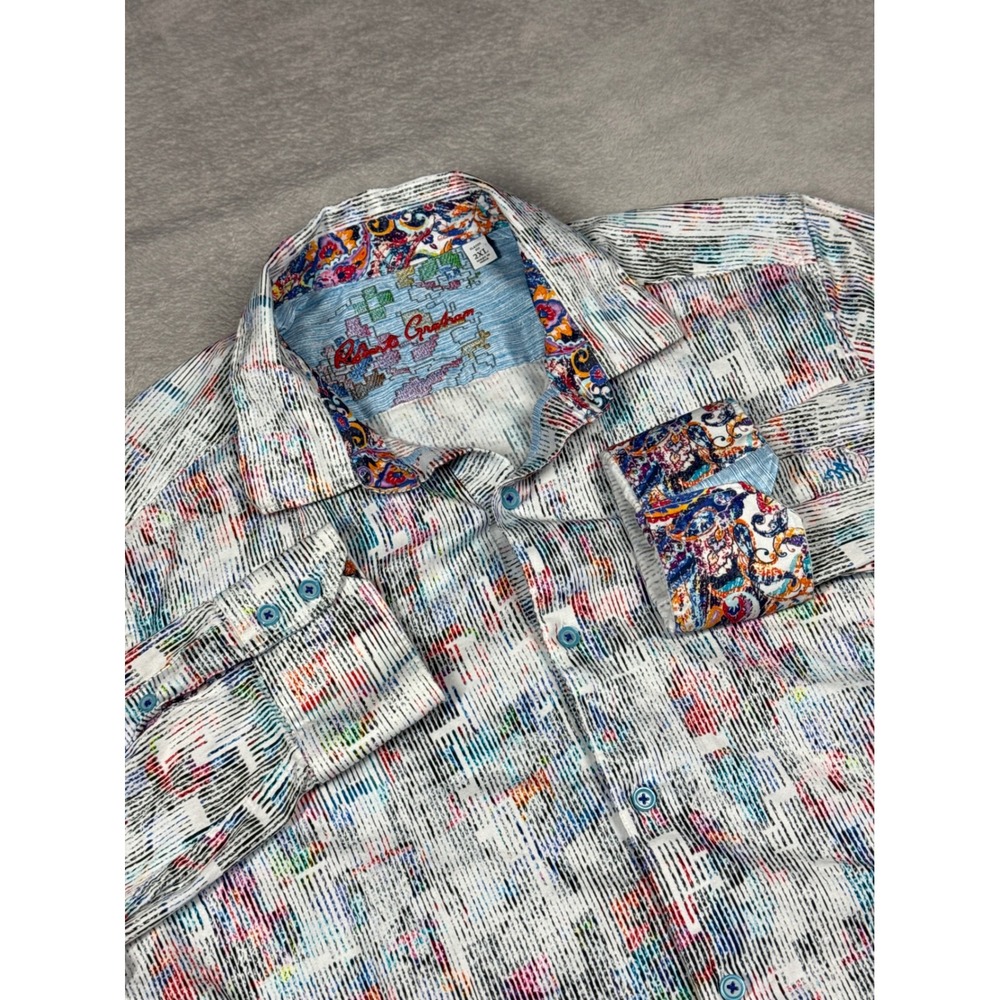 Robert Graham Button Down Mens 2XL White Multi Abstract Digital Print Shirt